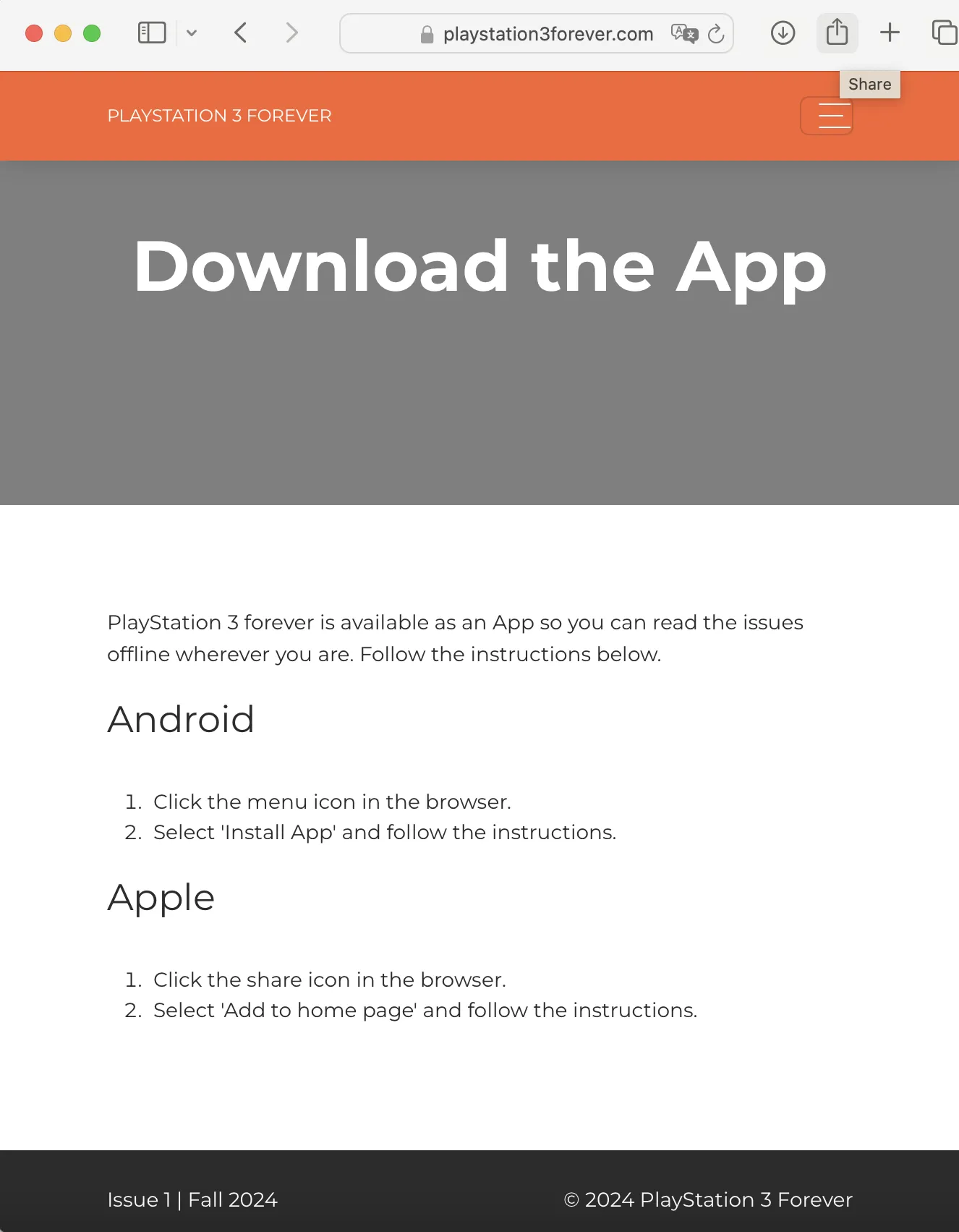 Screenshot of the iOS app install instructions