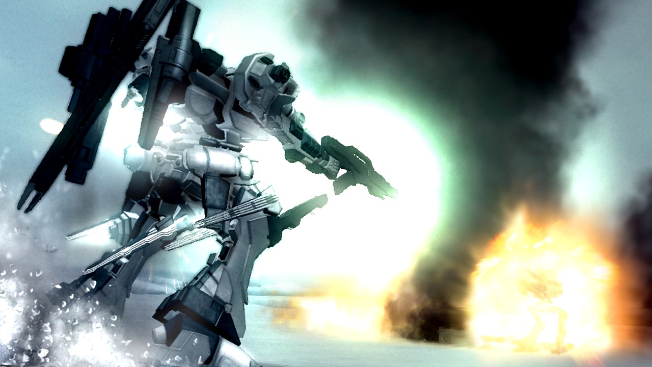 A mech robot boosts towards an explosion