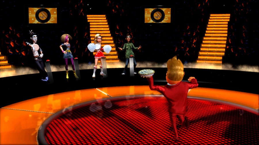 Buzz gets ready to pie a contestant