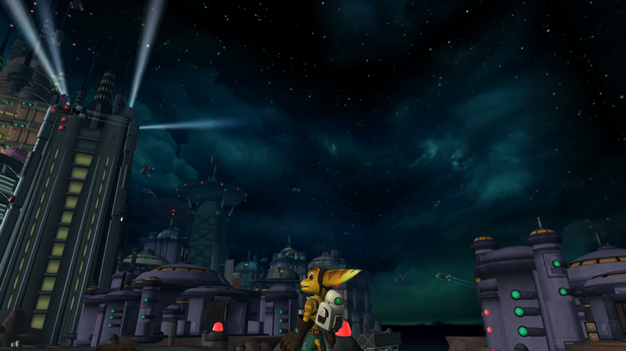 Ratchet looks out over a planets landscape