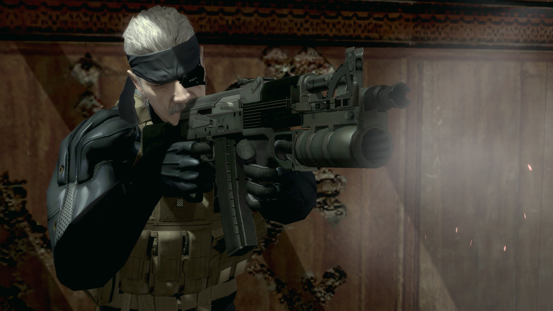 Old Snake firing an assault rifle