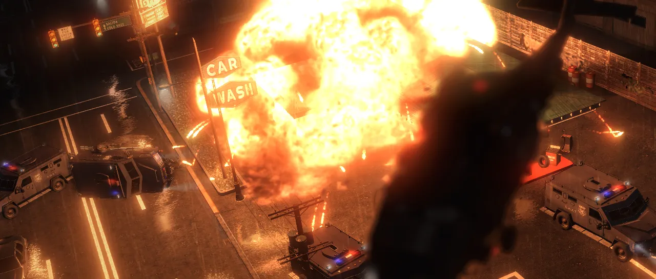 A helicopter watches a gas station explode