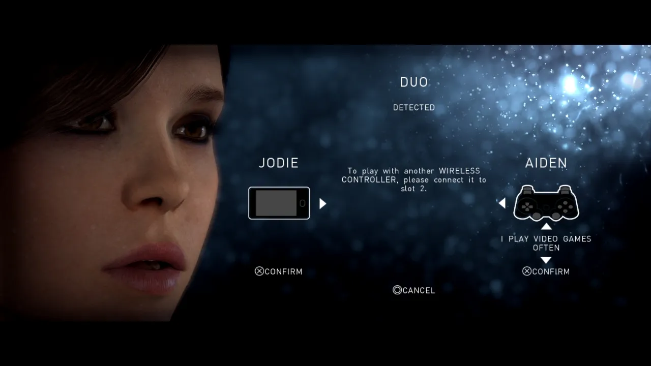 Setting the two player options in Beyond Two Souls assigning a controller to Jodie and a phone to Aiden