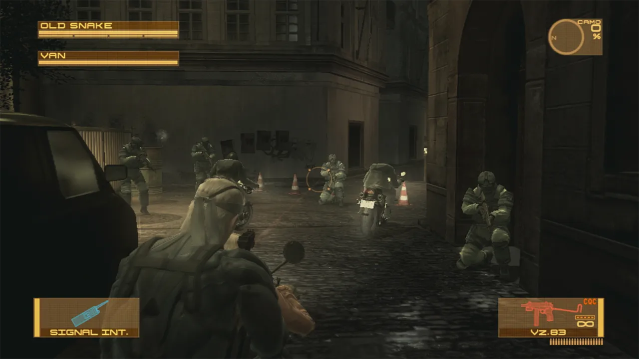 Old Snake shoots from a bike in MGS4