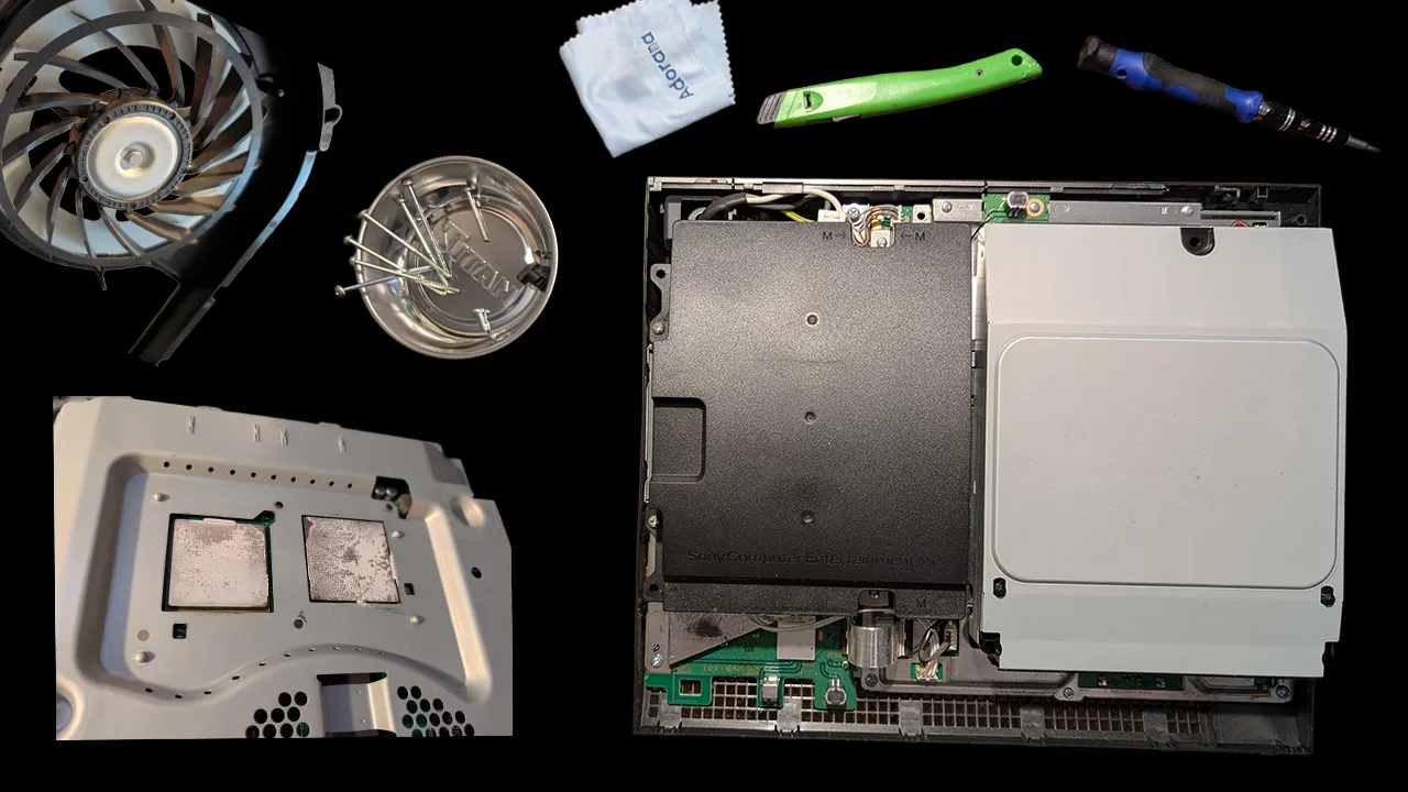 The PS3 with the case removed and fan extracted
