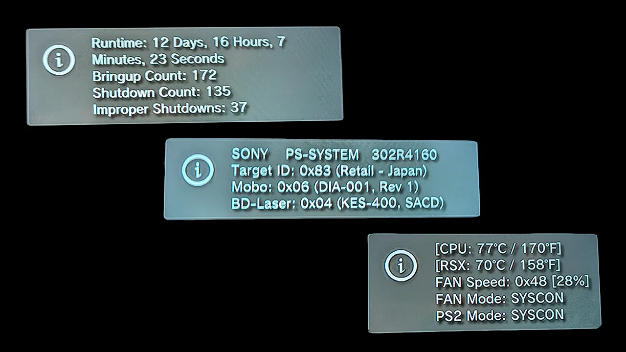 The display shows the temperature of the console, its 77C.