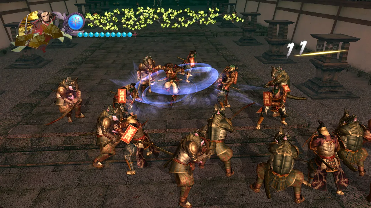 Yoshitsune performs a spinning blade attack amidst a large group of enemies