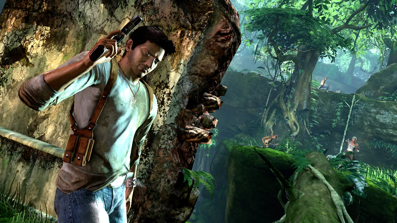Nathan Drake takes cover from a group of guards in a jungle ruin