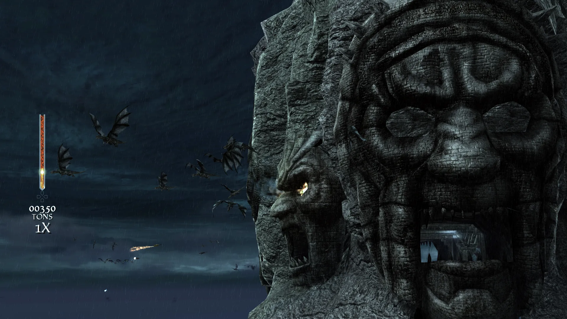 A large rock structure with carved faces sits in a dark sky