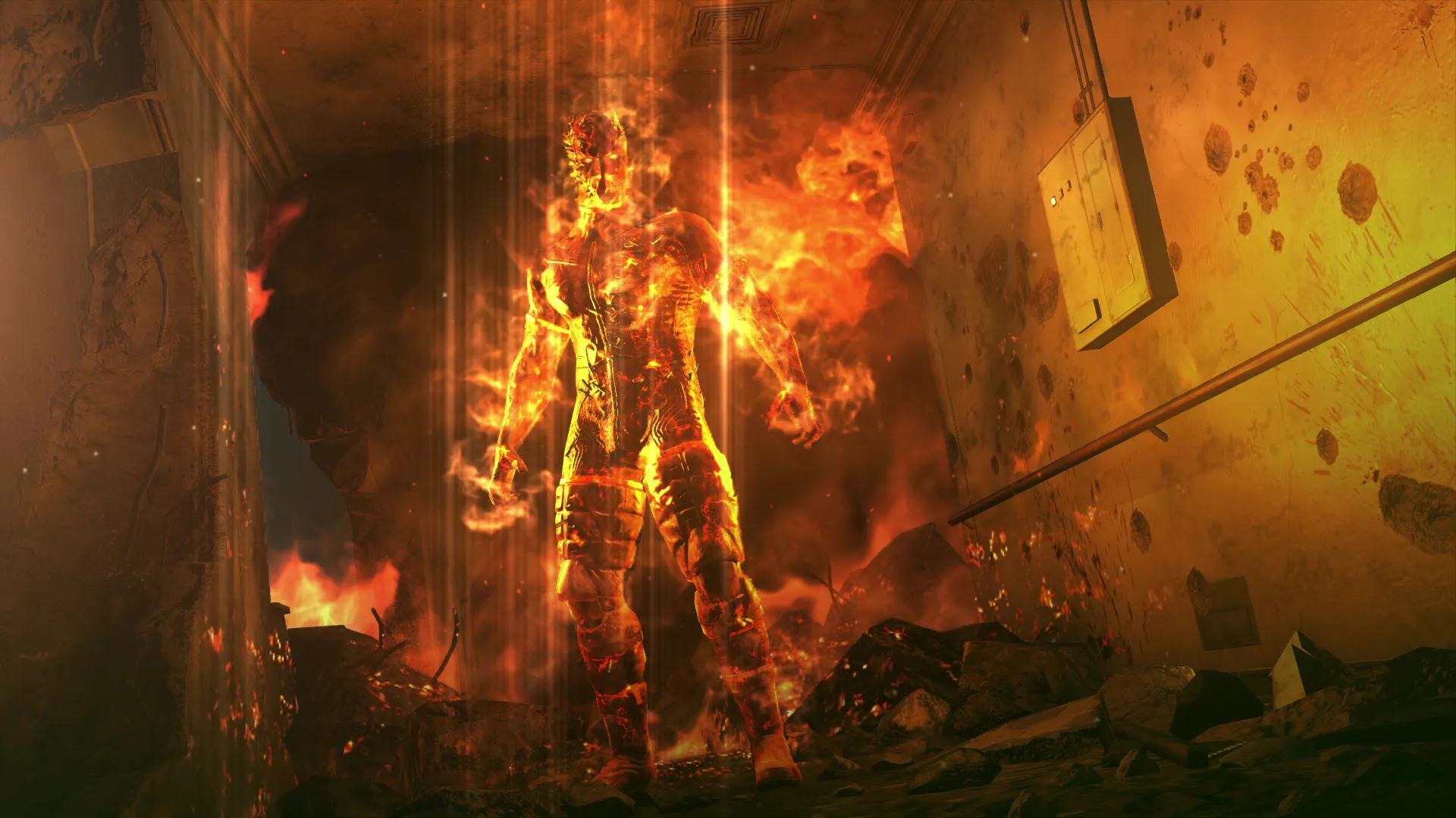 The man on fire in a hall way