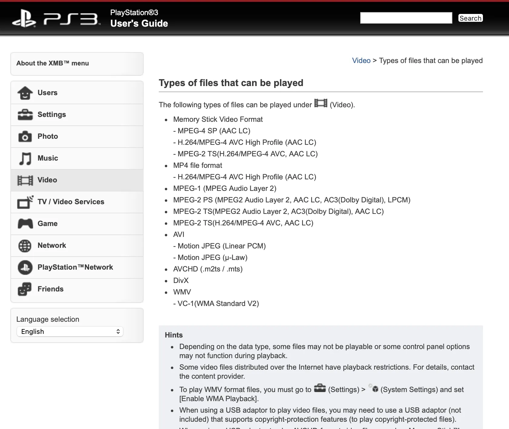 A list of supported video types for PS3