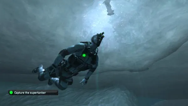 Sam Fisher swims under the ice on a frozen lake