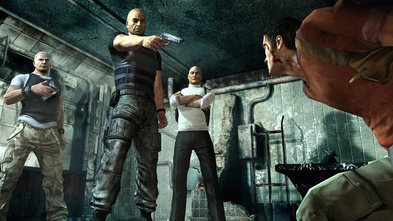 Sam Fisher points a gun at someone
