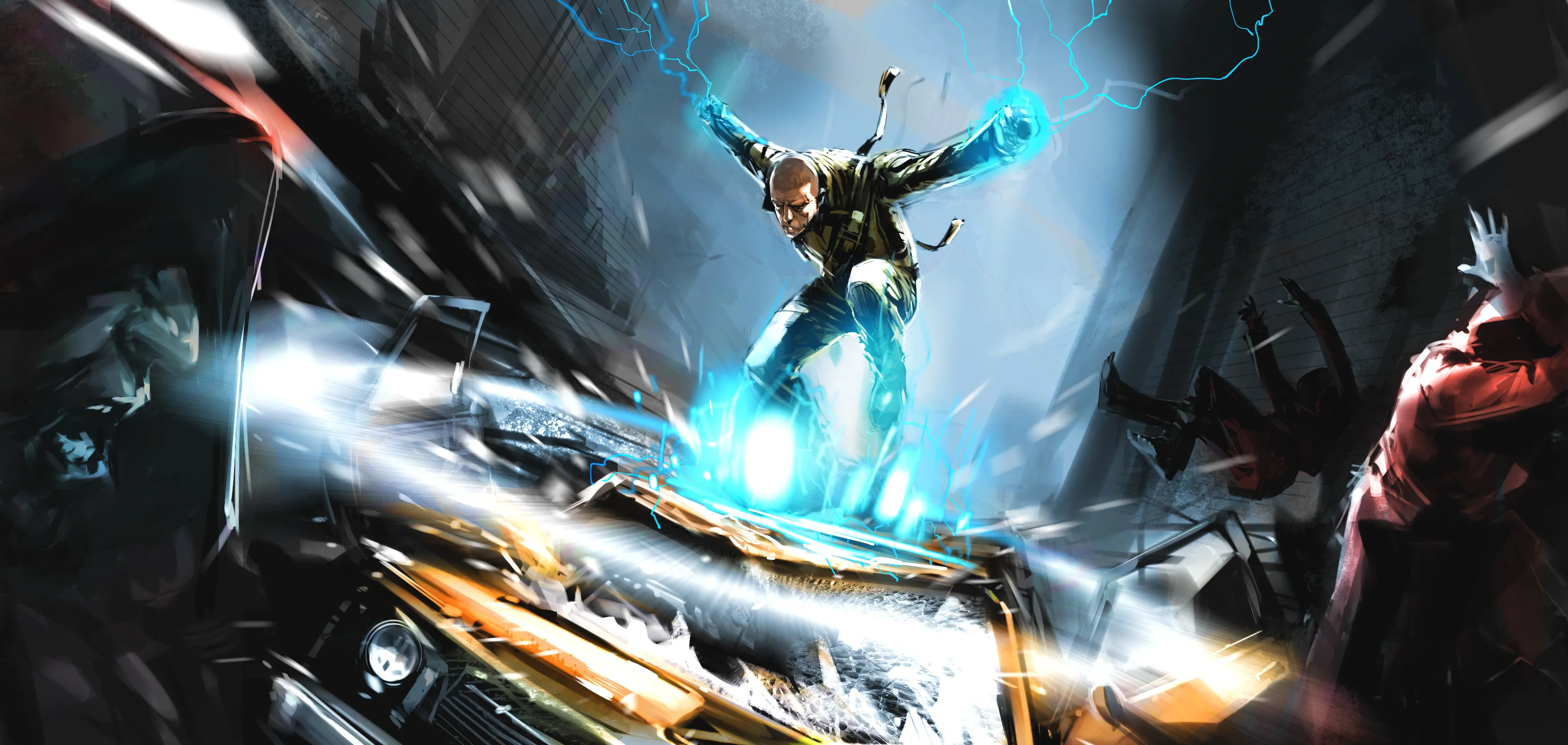 A cartoon of Cole landing on a car with lightning