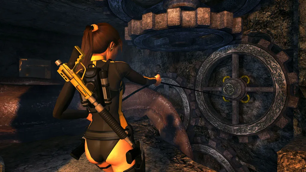 Lara uses a grapple hook to turn a wheel