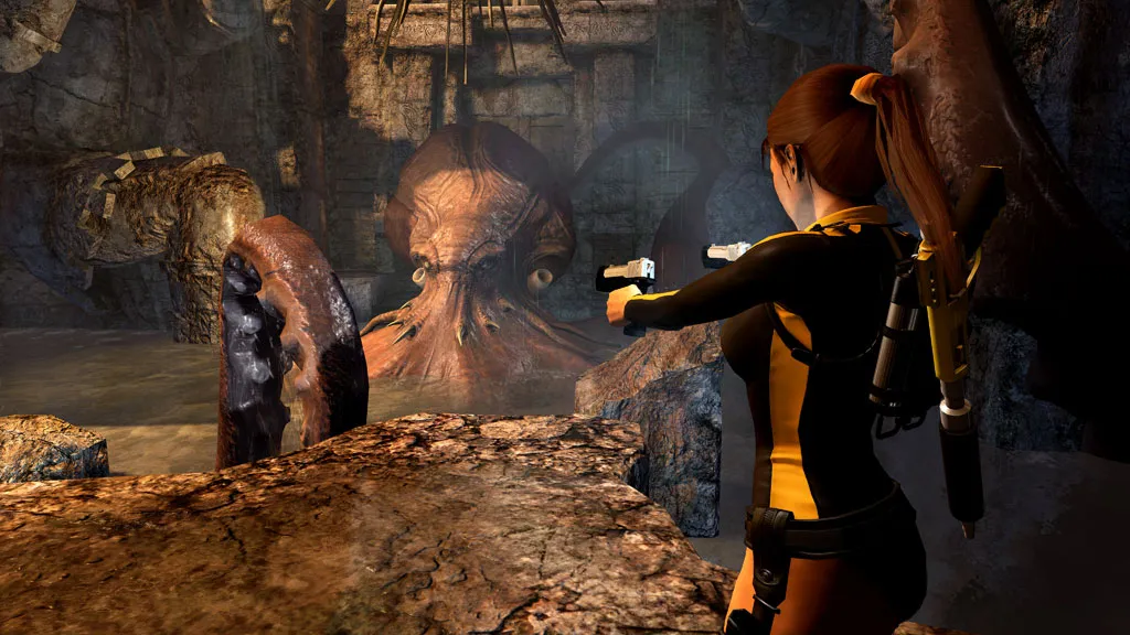 Lara Croft points her guns at large Kraken in a temple