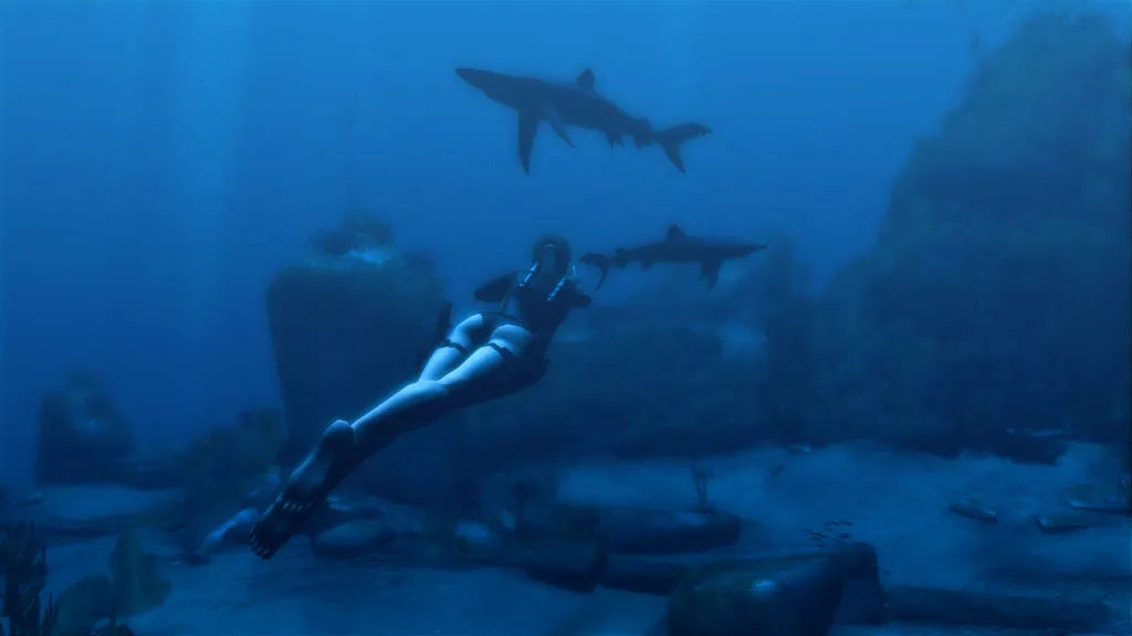 Lara swimming underwater shark in distance