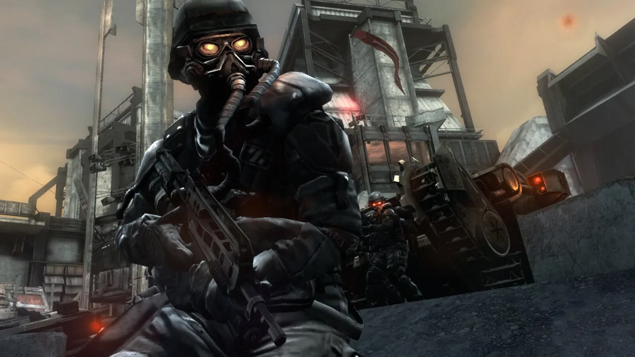 Two Helghan soldiers take cover behind a crumbling wall