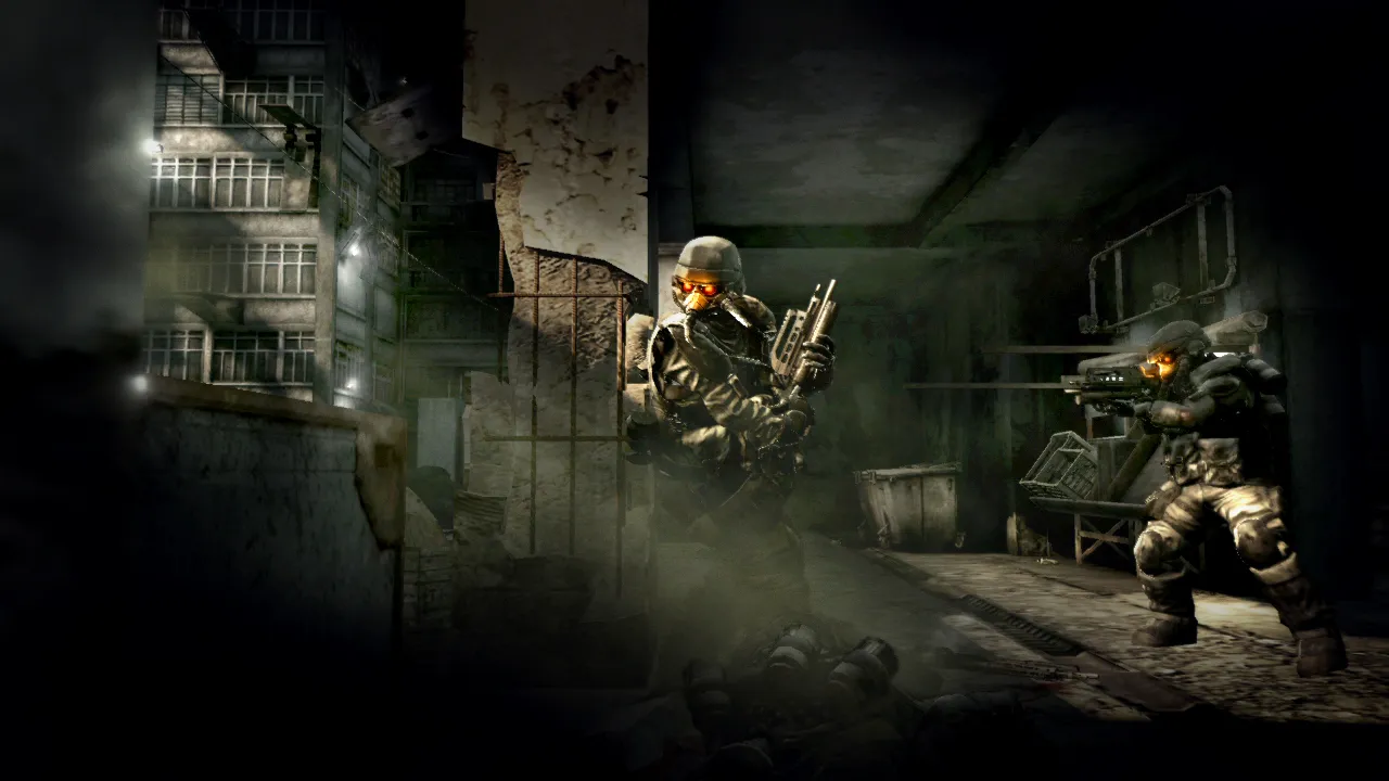 Two Helghan take cover in a dark room