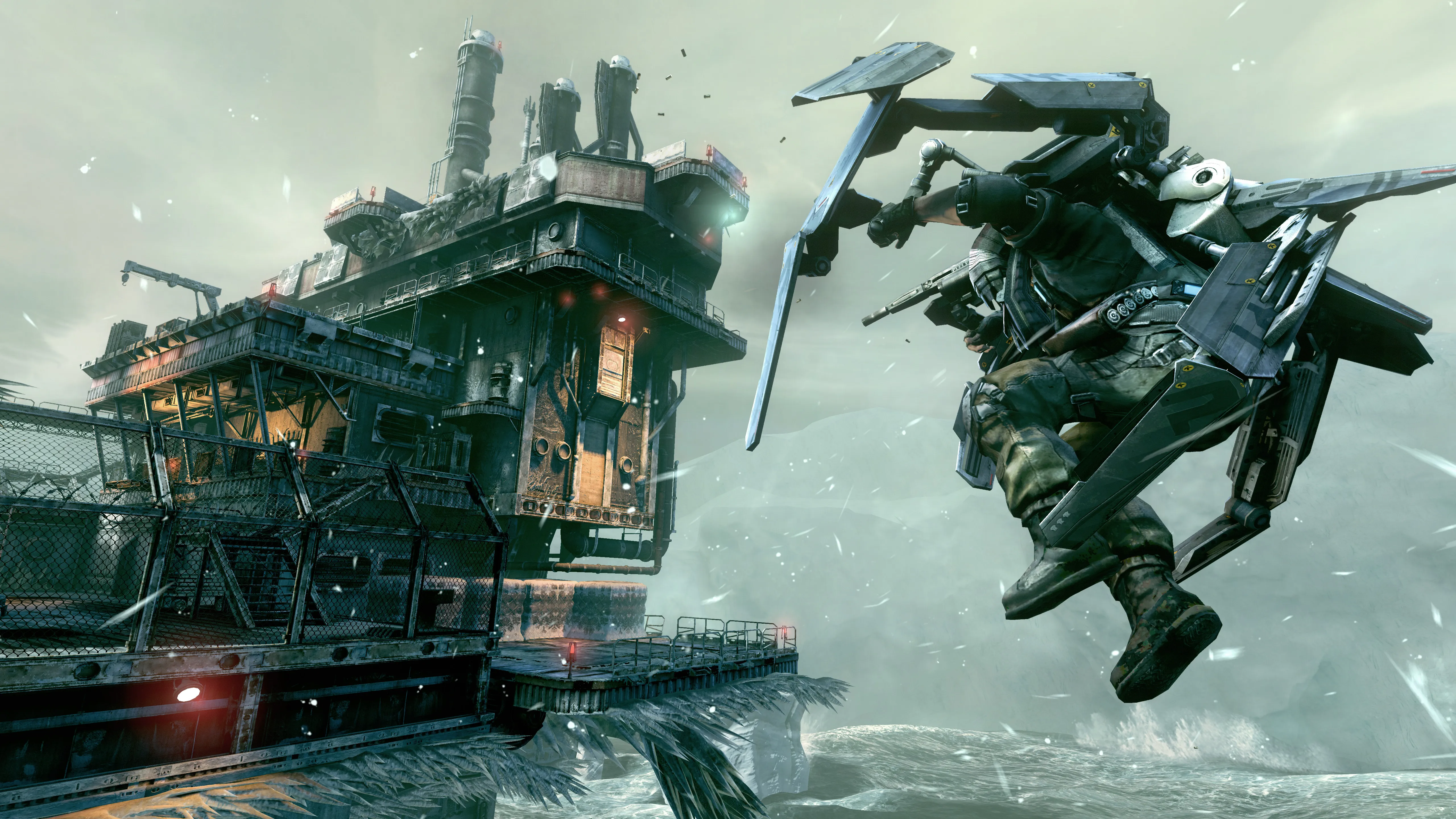 A Helghan mech leaps through the sky